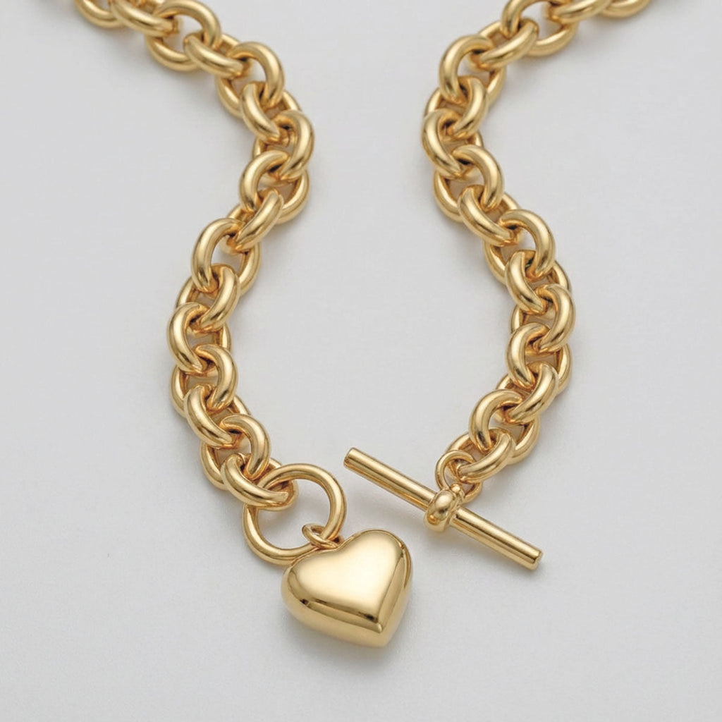 Toggle Heart Rolo Chain Necklace 18K Gold Steel Stylish Statement Jewelry