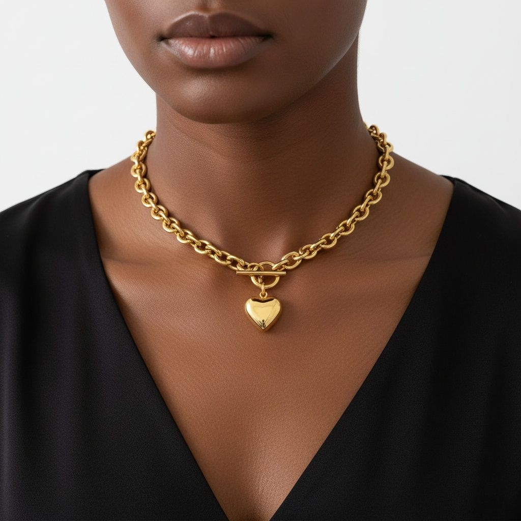 Toggle Heart Rolo Chain Necklace 18K Gold Steel Stylish Statement Jewelry