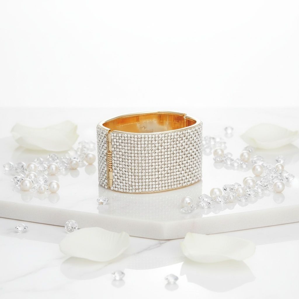 Pave Finish Statement Cuff Bracelet – Trendy Elegant Glamor Cream Design