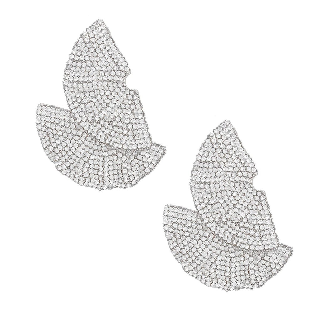 Rhinestone Silver Stud Earrings 1920s Ruffle Fan Statement Jewelry