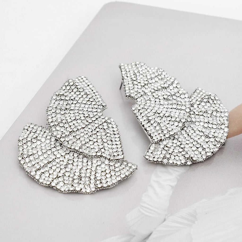 Rhinestone Silver Stud Earrings 1920s Ruffle Fan Statement Jewelry