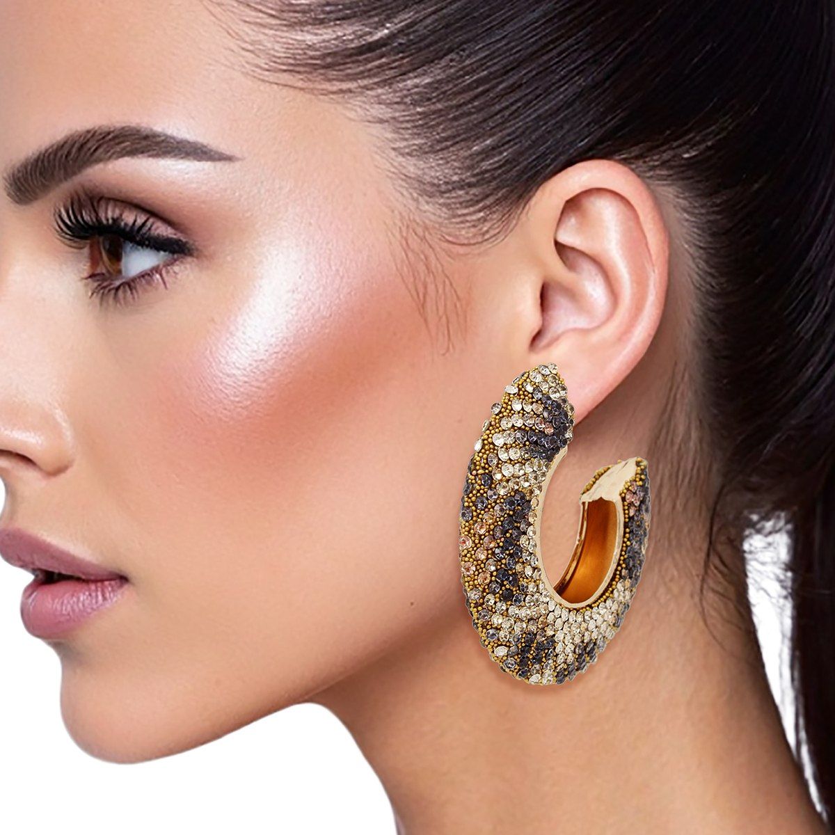 Statement Hoop Earrings with Leopard Pave Rhinestone Embellishment, Trendy Chic Jewelry