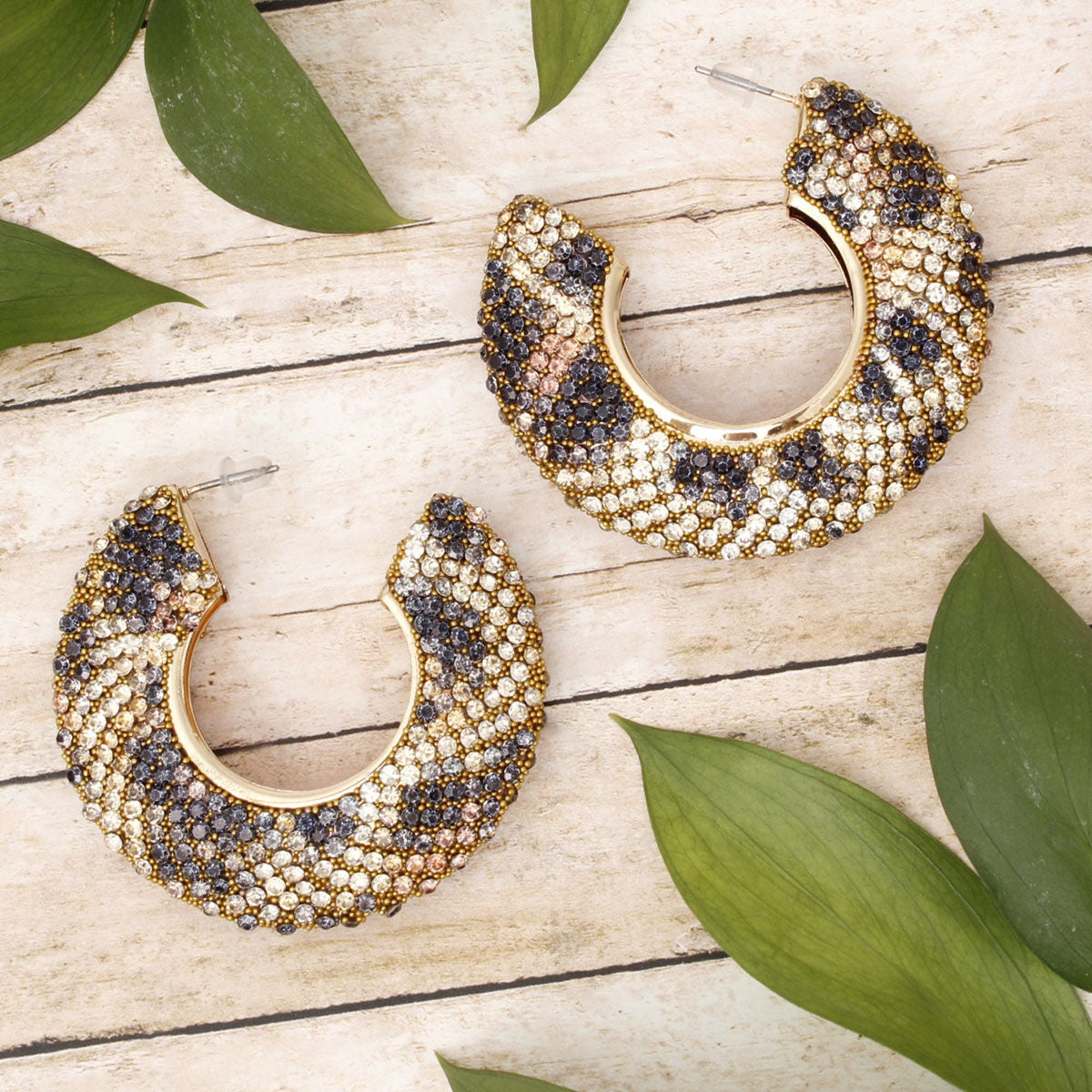 Statement Hoop Earrings with Leopard Pave Rhinestone Embellishment, Stylish and Trendy