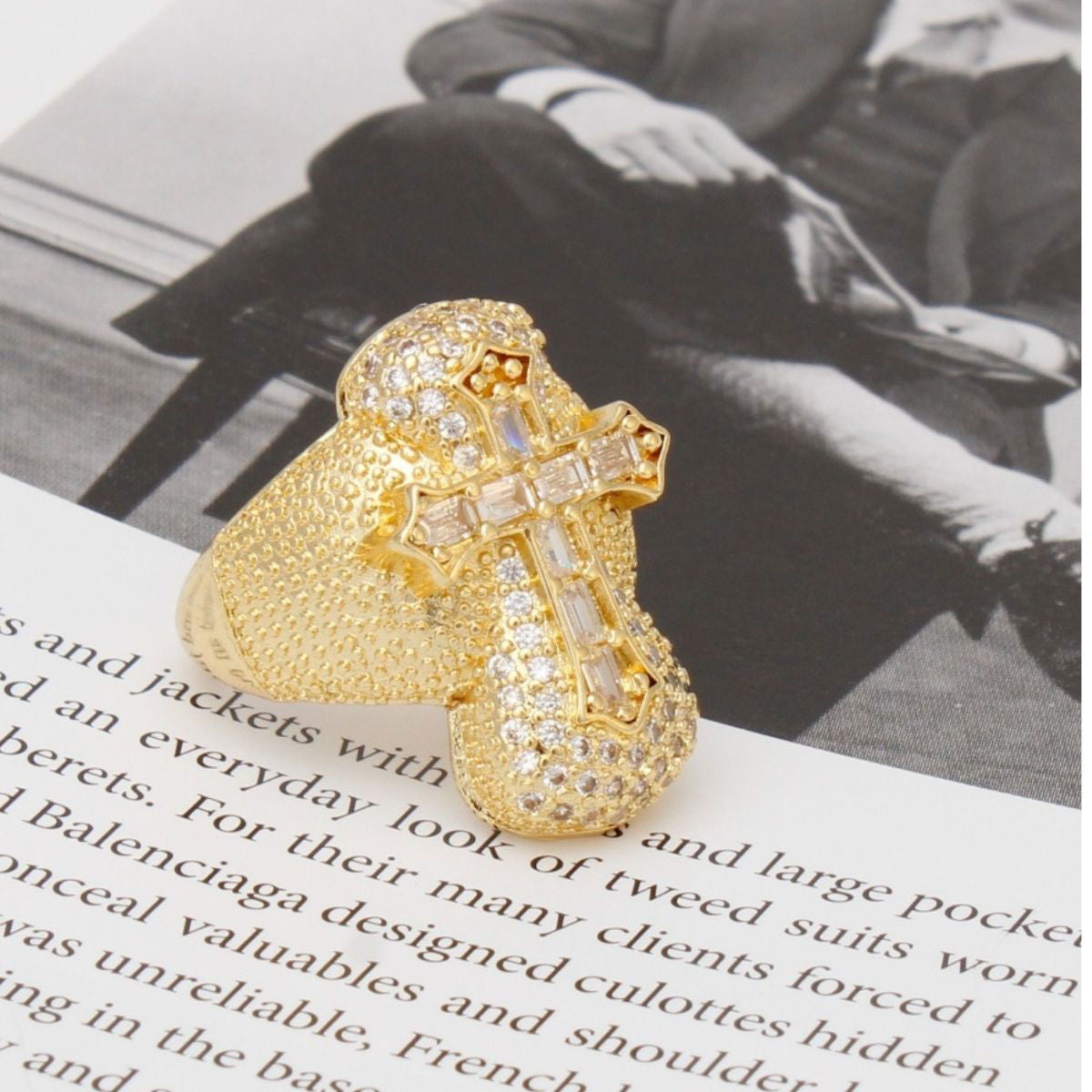 Statement Ring Gold Brass CZ Cross Cocktail Artisan Stylish Jewelry