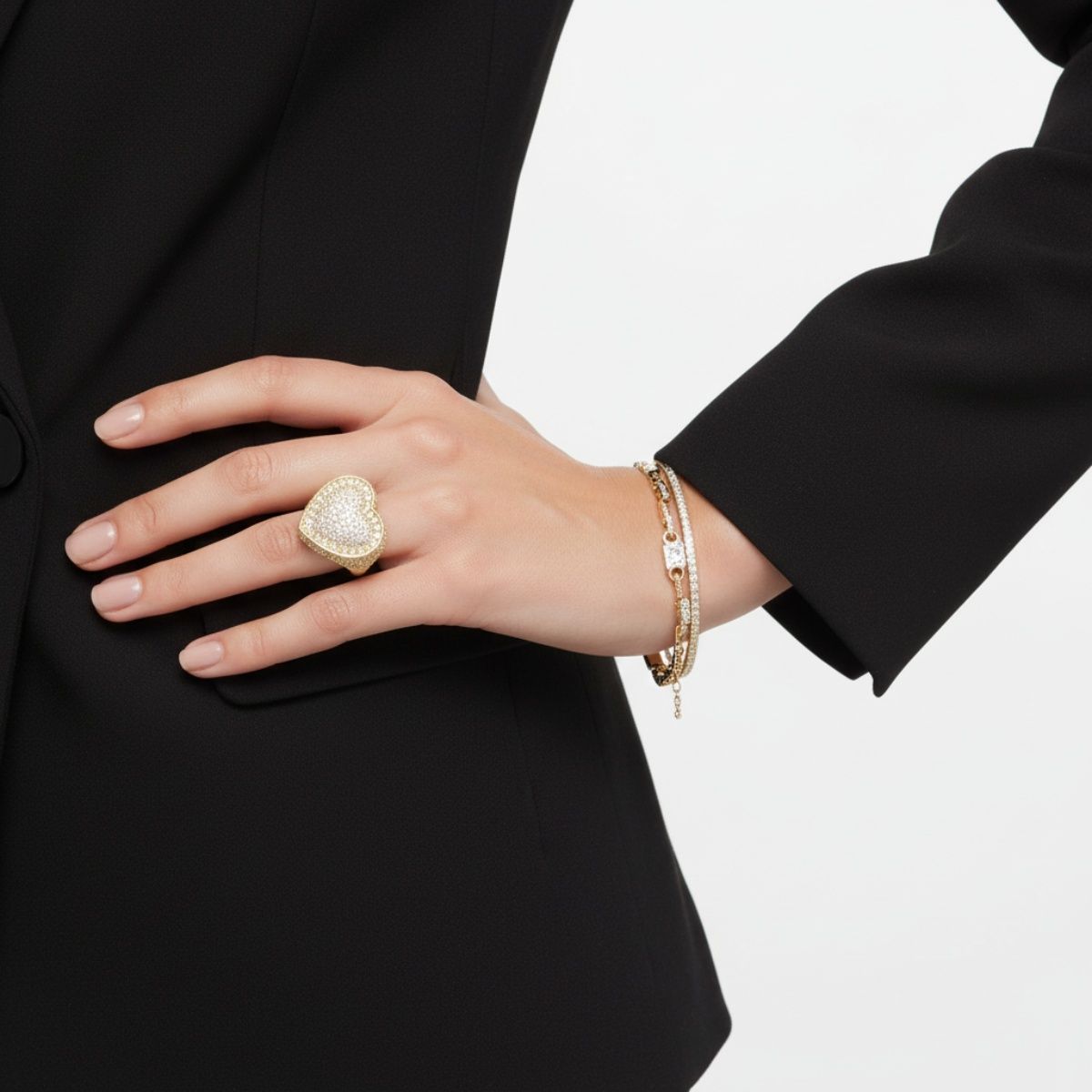 Fashion Ring Size 8 Brass Cocktail Ring with CZ Enclosed Heart Design Stylish Chic Jewelry