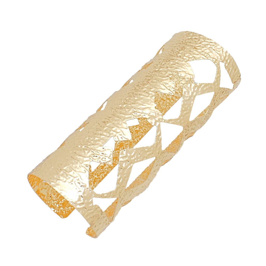 Long Gold Textured Cuff Bracelet with Cutout Armor Design – Stylish Statement Jewelry