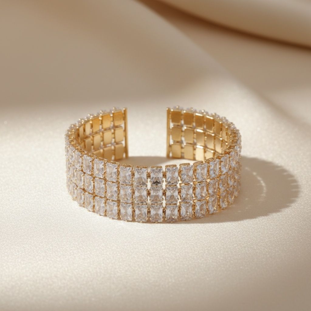 Memory Wire Bracelet Gold Cuff Baguette CZ 3 Row Stylish Jewelry
