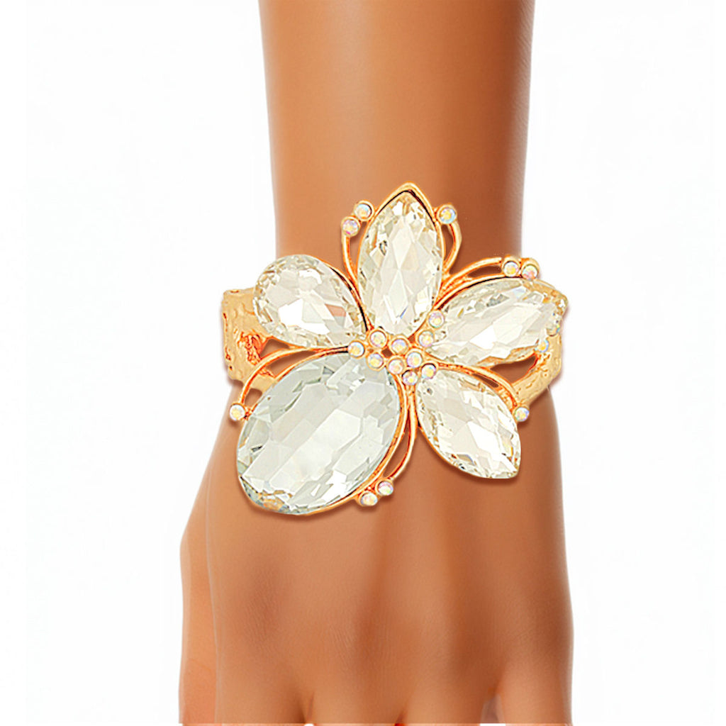 Hinge Cuff Bangle Gold Clear Crystal Flower Stylish Jewelry Accessory