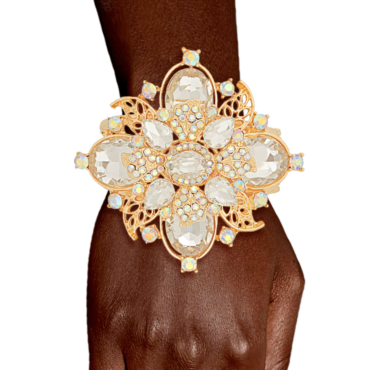 Crystal Flower Gold Filigree Statement Cuff Bracelet
