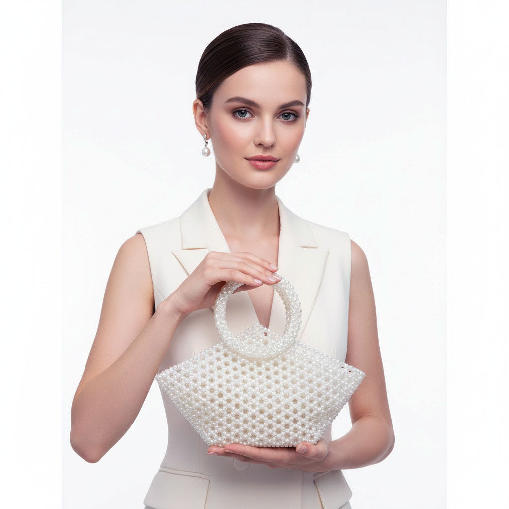 Fashion Handbag Top Handle Trapeze White Pearl Woven Stylish Bag