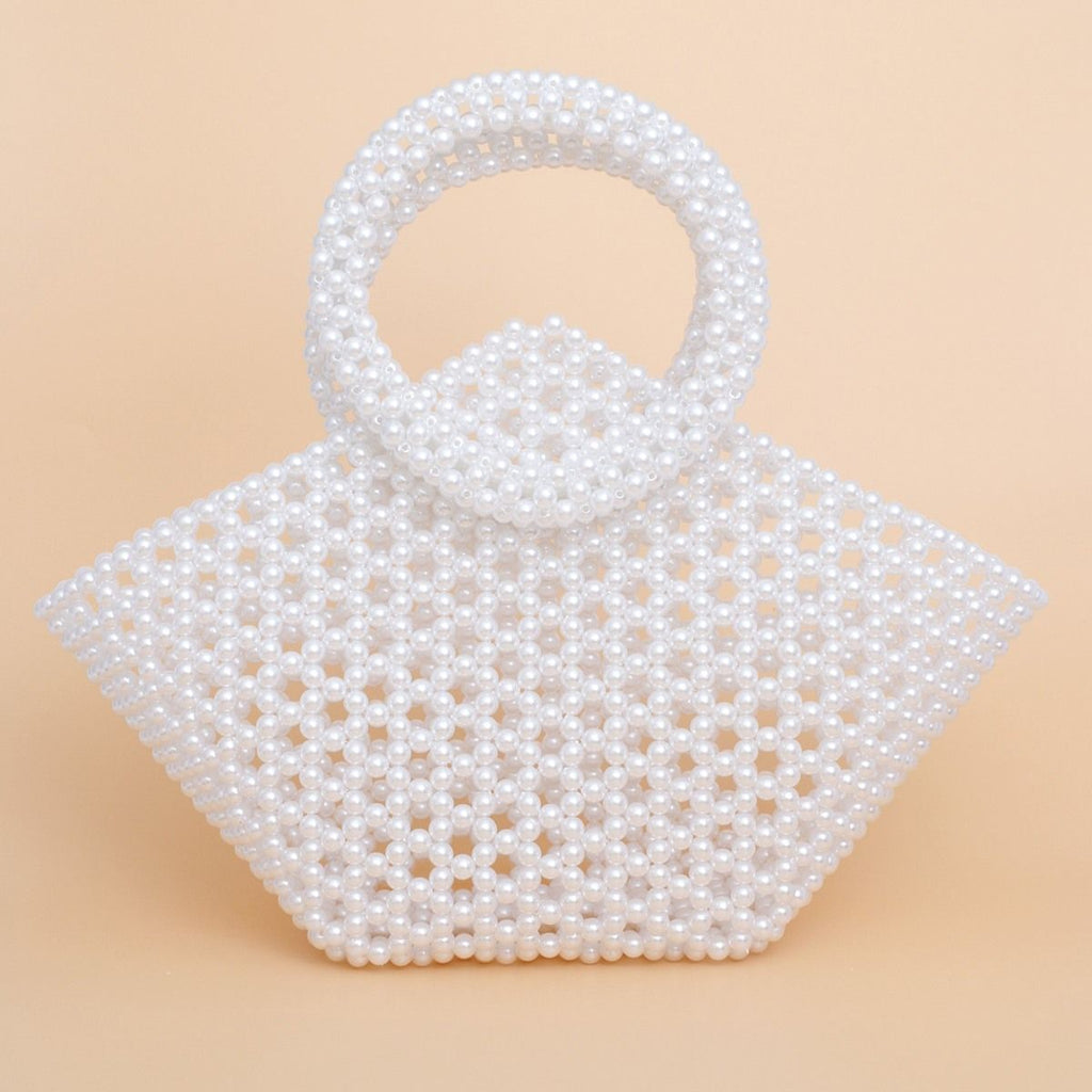 Fashion Handbag Top Handle Trapeze White Pearl Woven Stylish Bag