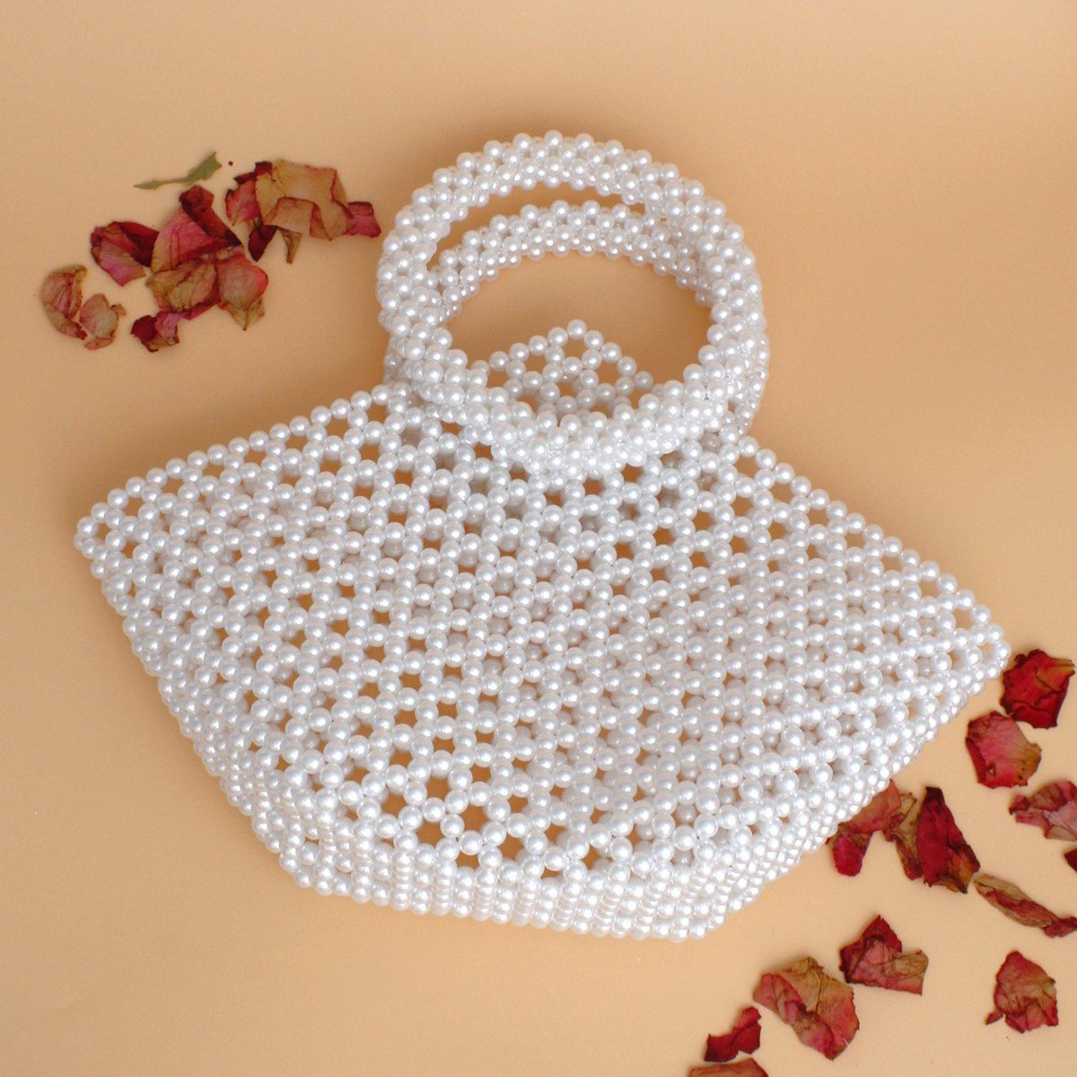 Fashion Handbag Top Handle Trapeze White Pearl Woven Stylish Bag