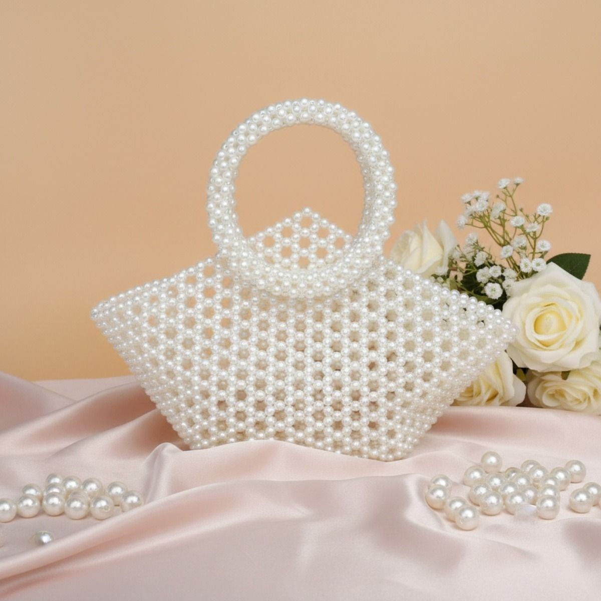 Fashion Handbag Top Handle Trapeze White Pearl Woven Stylish Bag