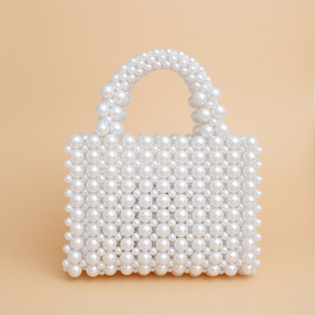 Fashion Handbag Top Handle Square White Pearl Woven Handmade Bag Stylish Chic