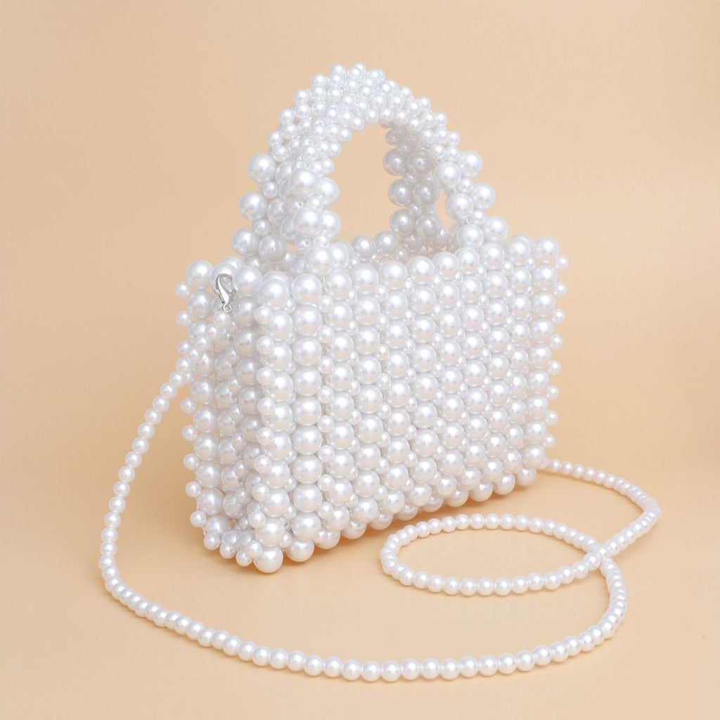 Fashion Handbag Top Handle Square White Pearl Woven Handmade Bag Stylish Chic