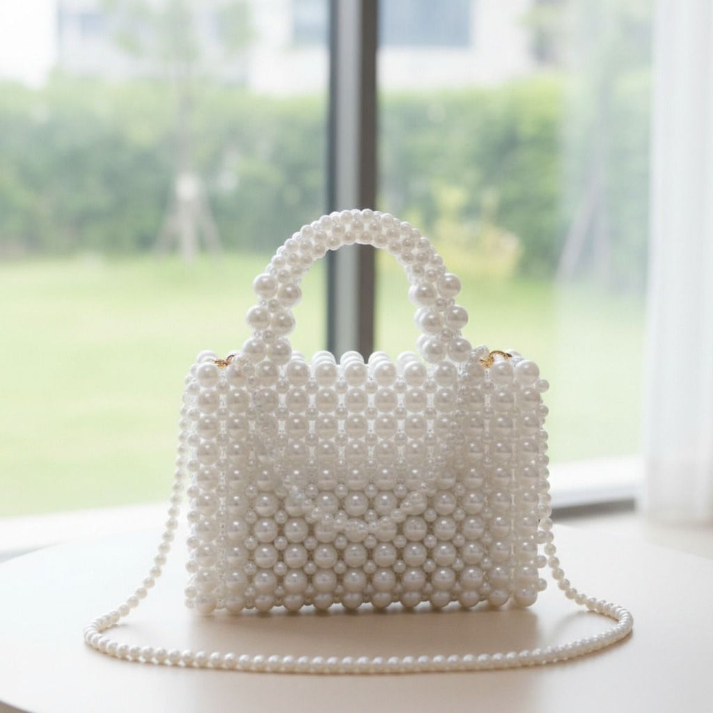 Fashion Handbag Top Handle Square White Pearl Woven Handmade Bag Stylish Chic