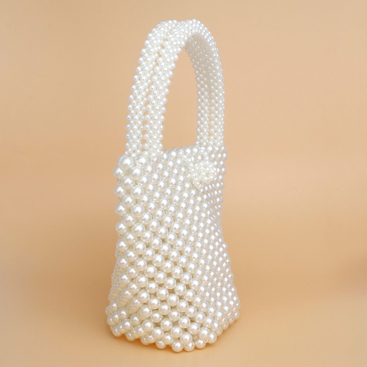 Fashion Handbag Top Handle Bucket Bag Cream Pearl Woven Handmade Chic