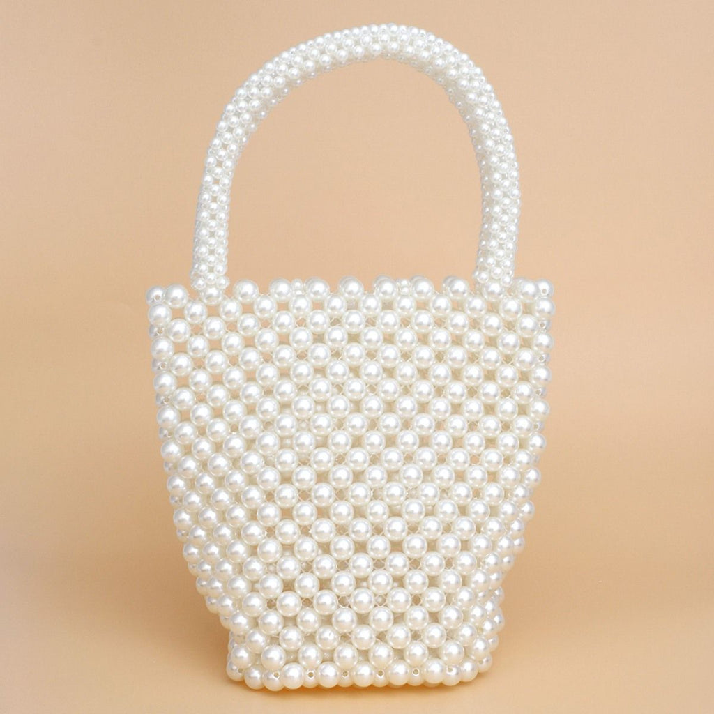 Fashion Handbag Top Handle Bucket Bag Cream Pearl Woven Handmade Chic