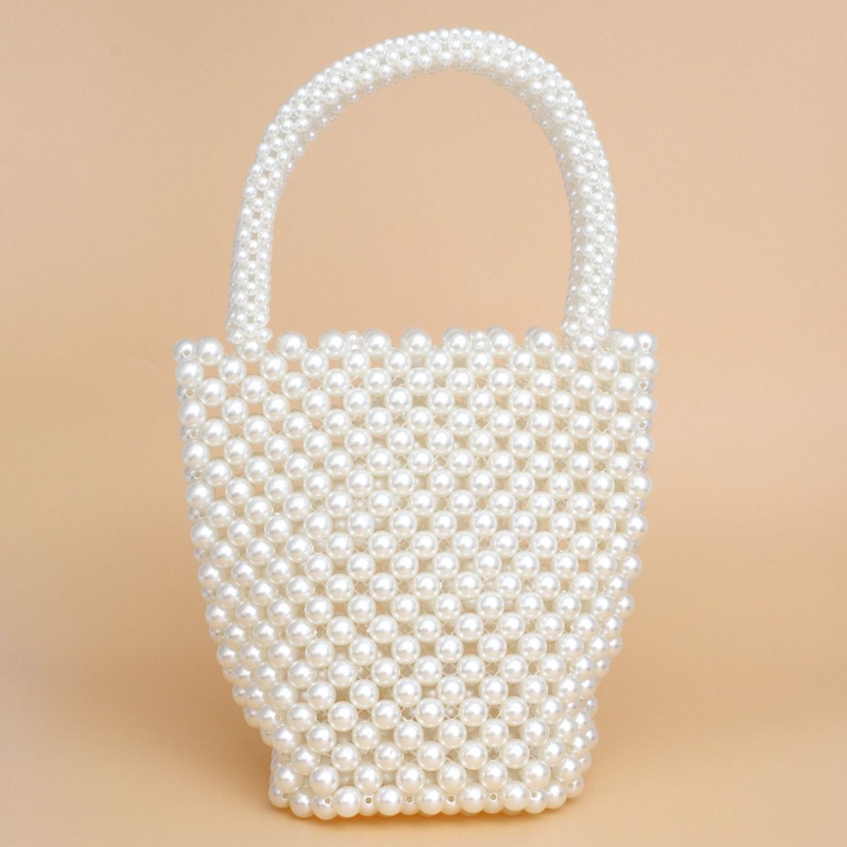 Fashion Handbag Top Handle Bucket Bag Cream Pearl Woven Handmade Chic