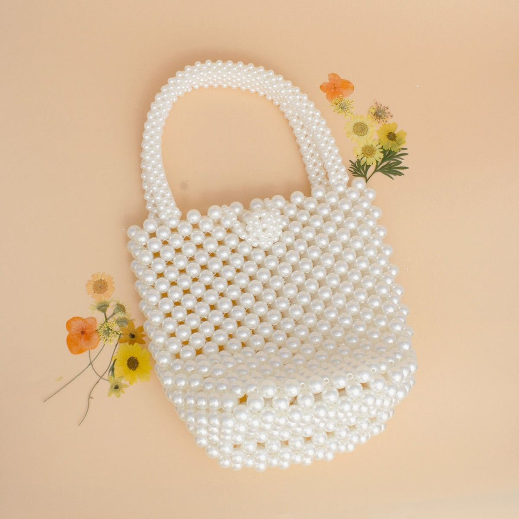 Fashion Handbag Top Handle Bucket Bag Cream Pearl Woven Handmade Chic