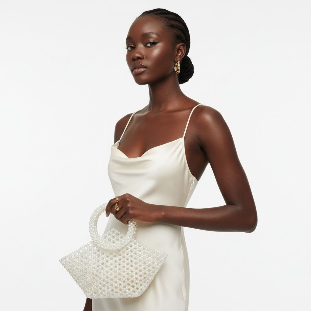 Fashion Handbag Top Handle Trapeze White Pearl Woven Stylish Bag