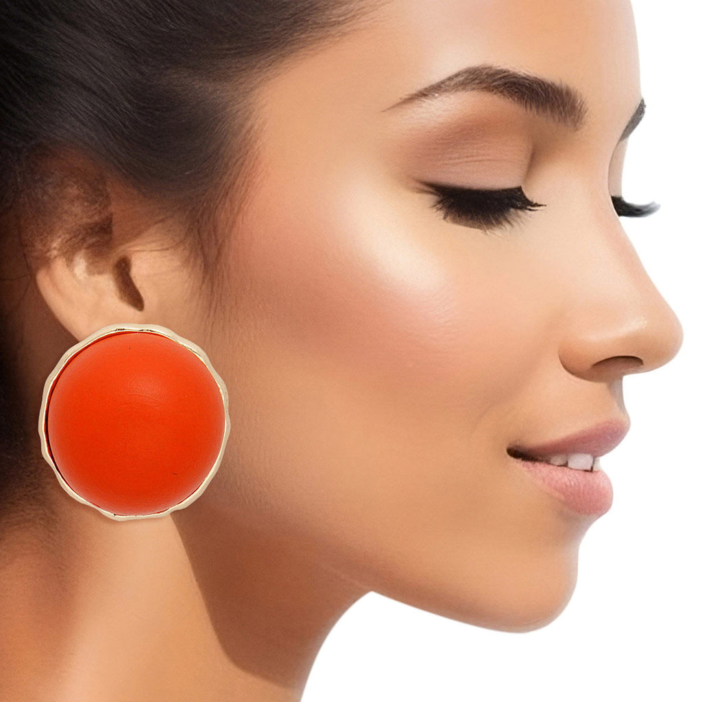 Large Domed Orange Wood Stud Earrings Stylish Statement Jewelry for Women