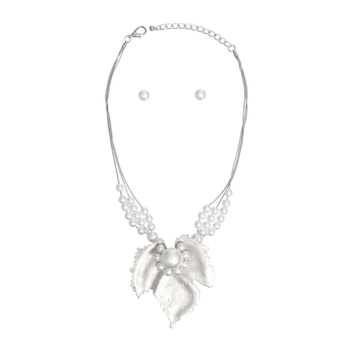 Women’s Necklace Silver Chain Pearl Leaf Pendant Stylish Jewelry Set