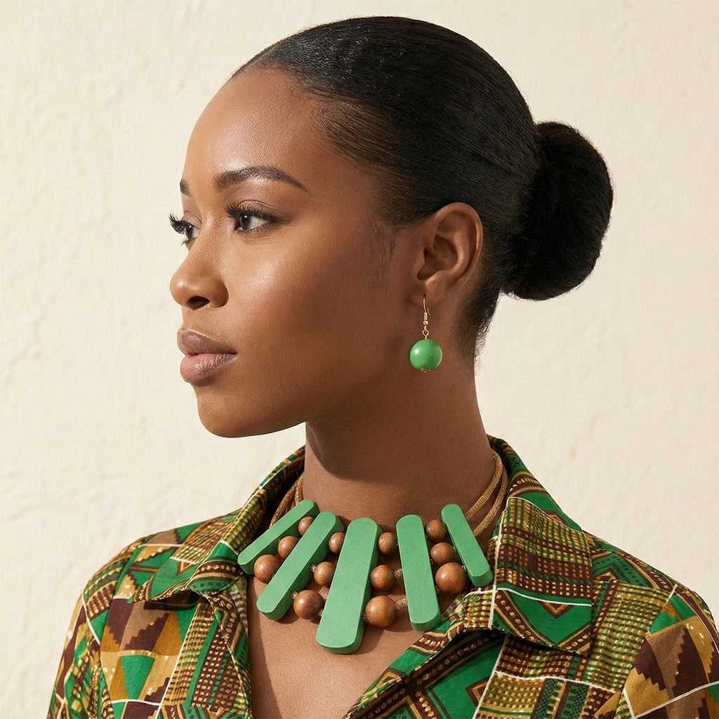 Women’s Green Wood Choker Necklace Set Stylish Casual Jewelry