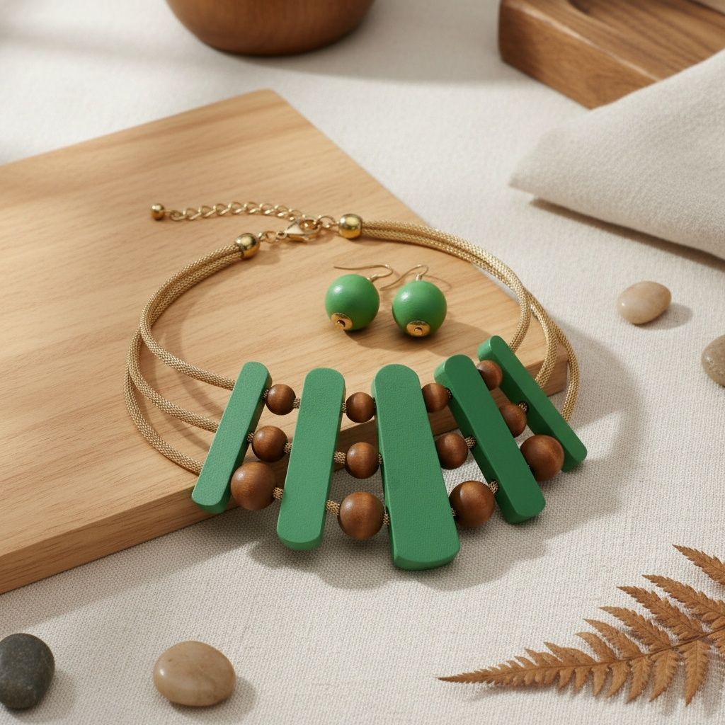 Women’s Green Wood Choker Necklace Set Stylish Casual Jewelry