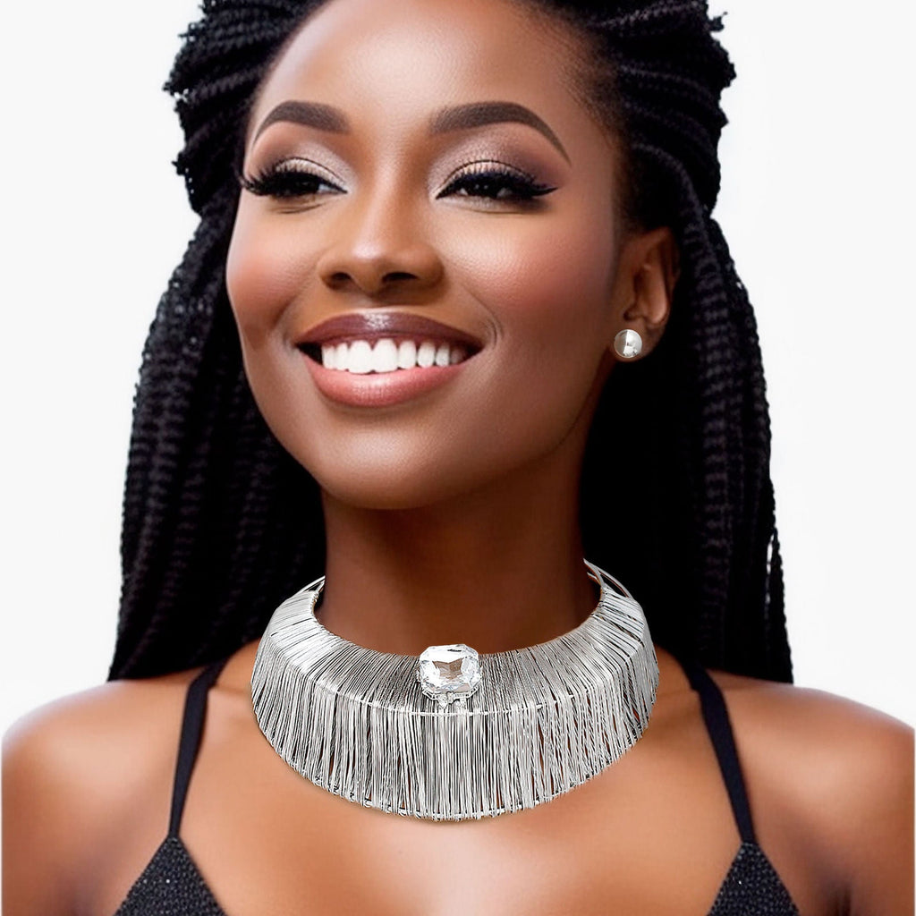 Women’s Silver Wide Rigid Armor Choker Necklace Stylish Statement Jewelry