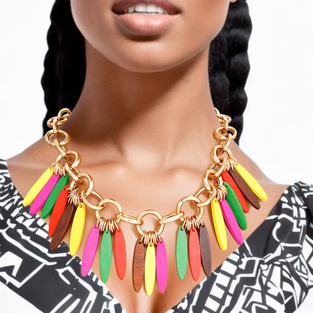 Statement Necklace Tribal Multicolor Wood Fringe for Women Stylish Chic Accessory