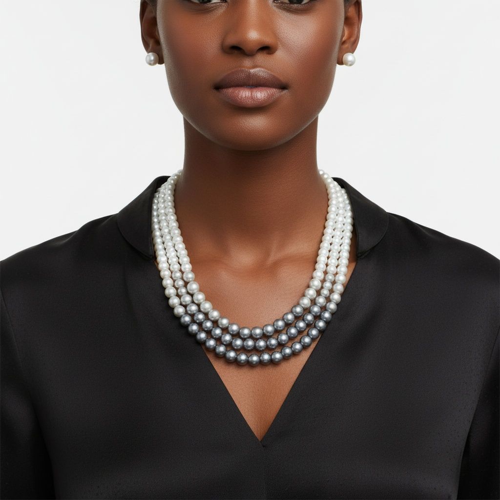 Statement 3 Strand Glass Pearl Necklace in Gray White Ombre, Stylish Layered Jewelry