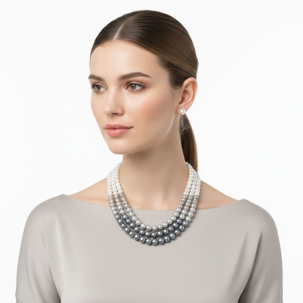Statement 3 Strand Glass Pearl Necklace in Gray White Ombre, Stylish Layered Jewelry