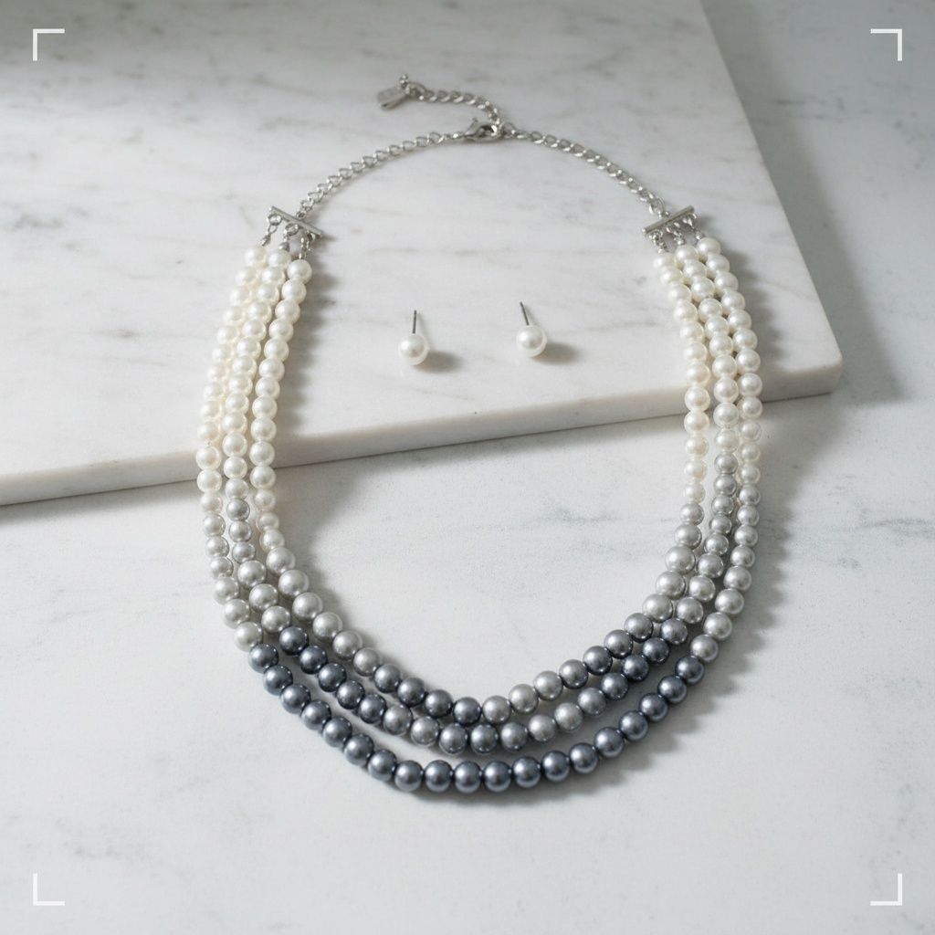 Statement 3 Strand Glass Pearl Necklace in Gray White Ombre, Stylish Layered Jewelry