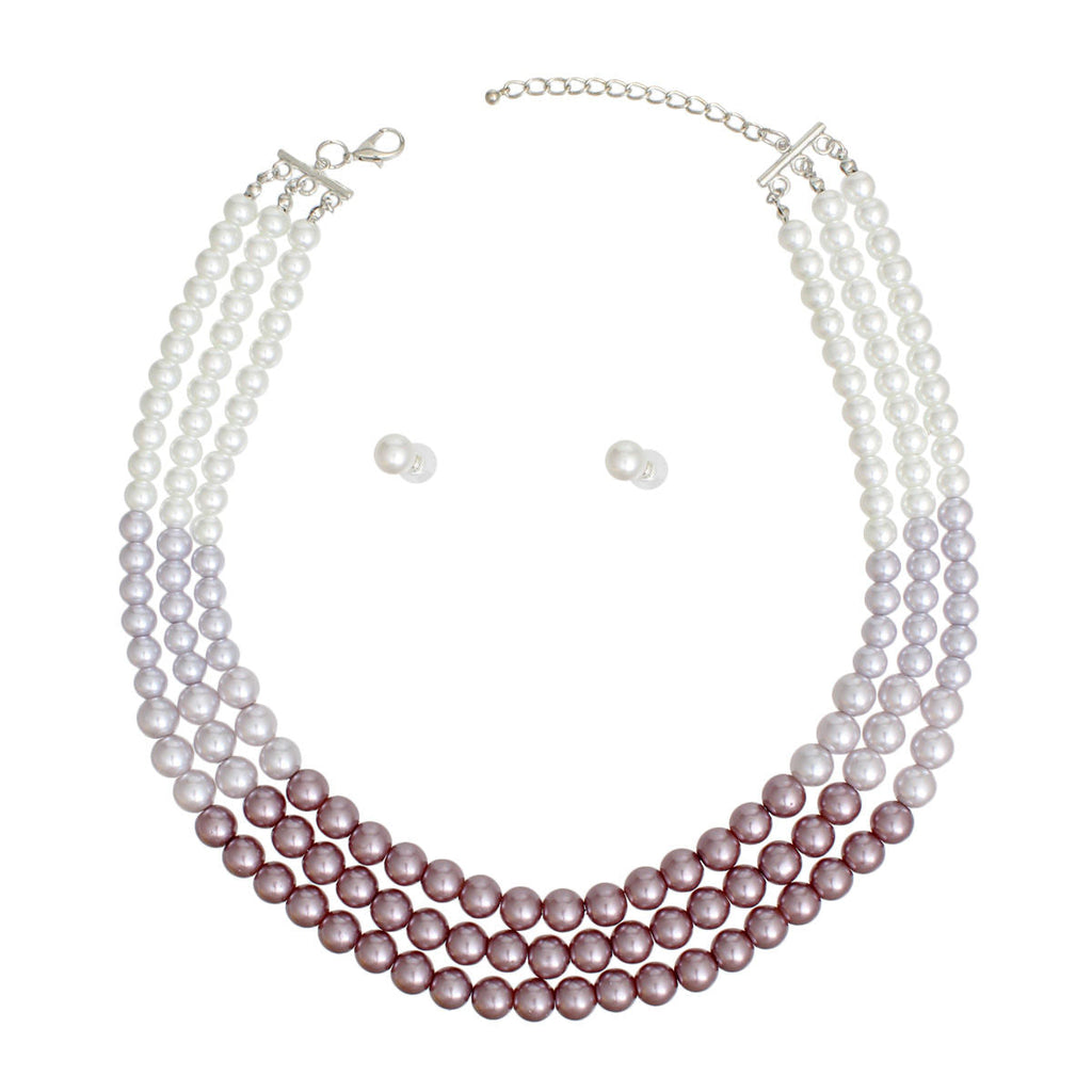 Statement 3 Strand Purple and White Glass Pearl Necklace, Trendy Layered Jewelry