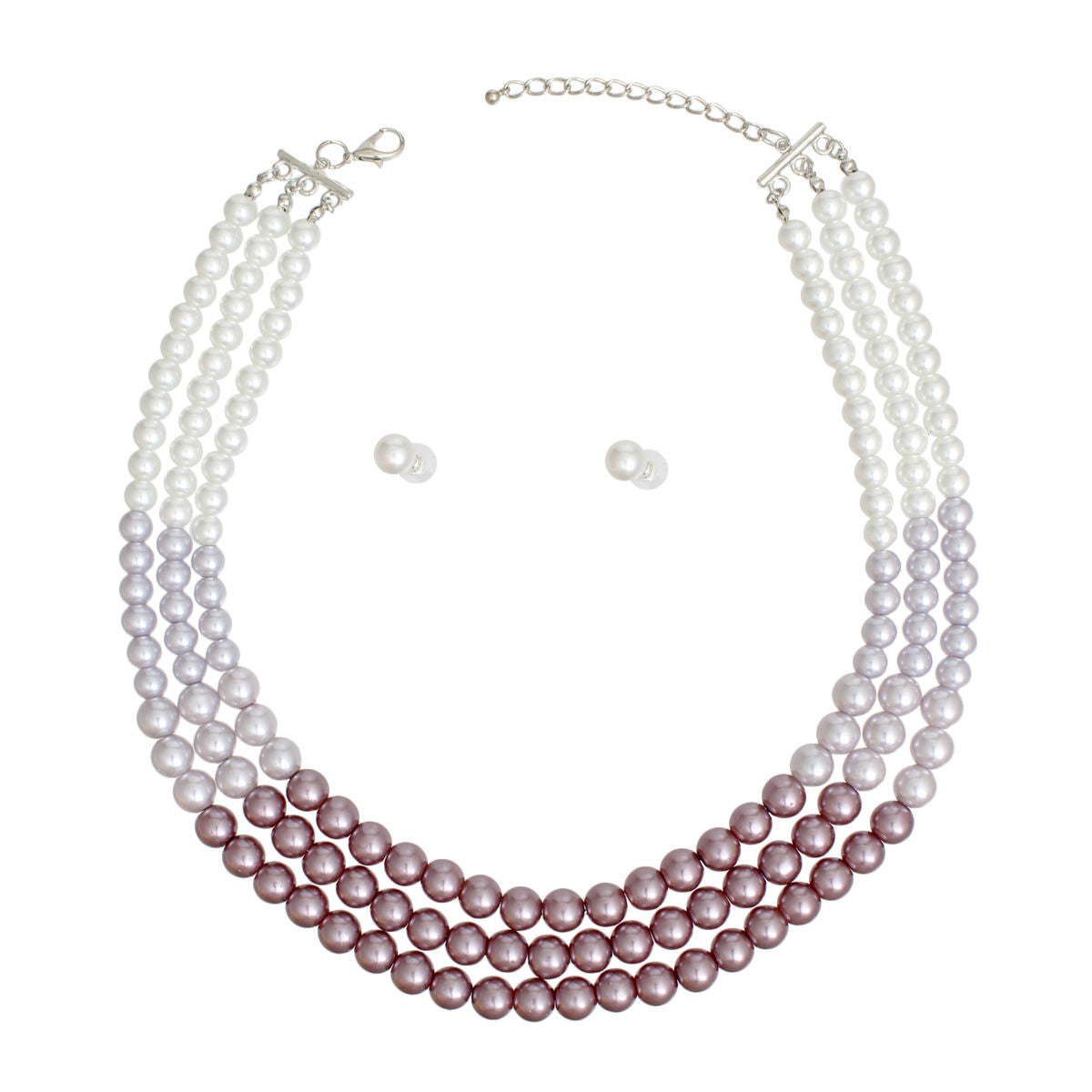 Statement 3-Strand Purple and White Glass Pearl Necklace Stylish Layered Jewelry Set