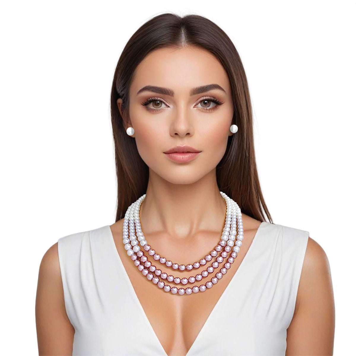 Statement 3-Strand Purple and White Glass Pearl Necklace Stylish Layered Jewelry Set