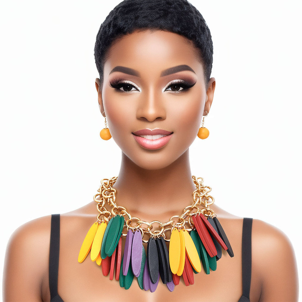 Statement Layered Tribal Choker Necklace with Multicolor Wood Fringe, Trendy Fashion Jewelry