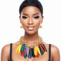 Statement Layered Tribal Choker Necklace with Multicolor Wood Fringe, Trendy Fashion Jewelry