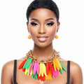 Statement Layered Tribal Rainbow Wood Fringe Choker Necklace, Trendy Fashion Jewelry
