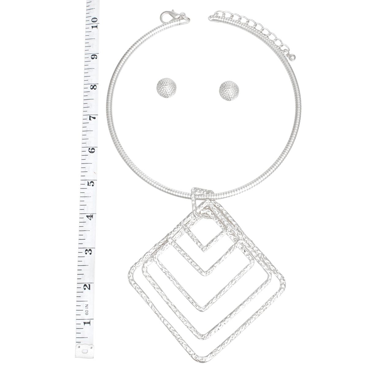 Statement Necklace Silver Concentric Diamond Dangle Pendant Stylish Chic Jewelry