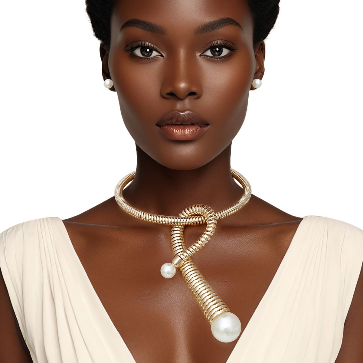Statement Necklace Handmade Coiled Gold Pearl Loop Stylish Pendant