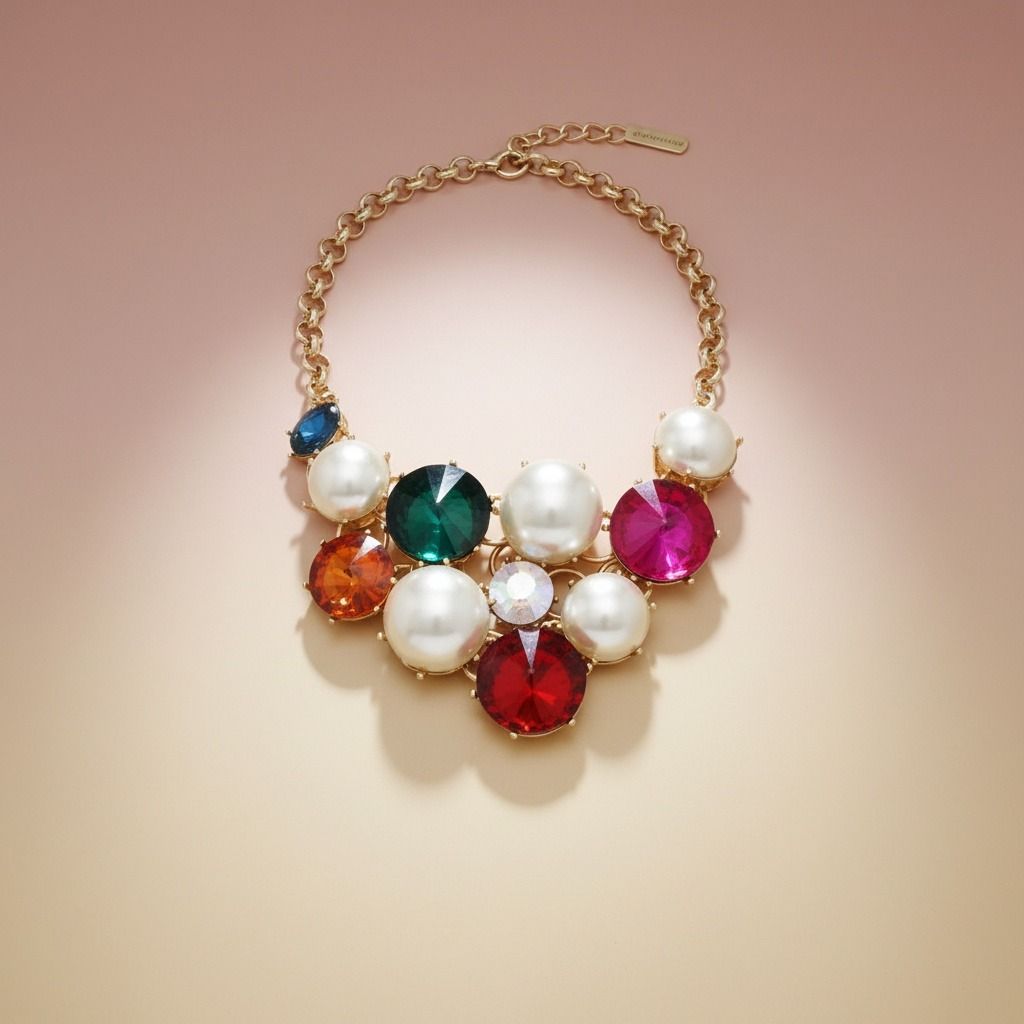 Statement Chunky Bib Necklace with Multi Crystal and Pearl Accents, Elegant Evening Jewelry