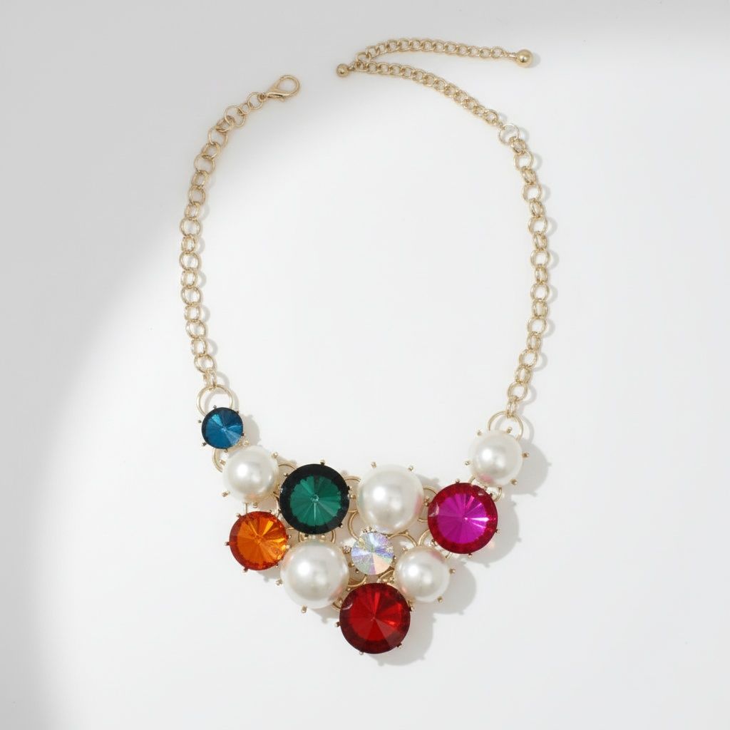 Statement Chunky Bib Necklace with Multi Crystal and Pearl Accents, Elegant Evening Jewelry