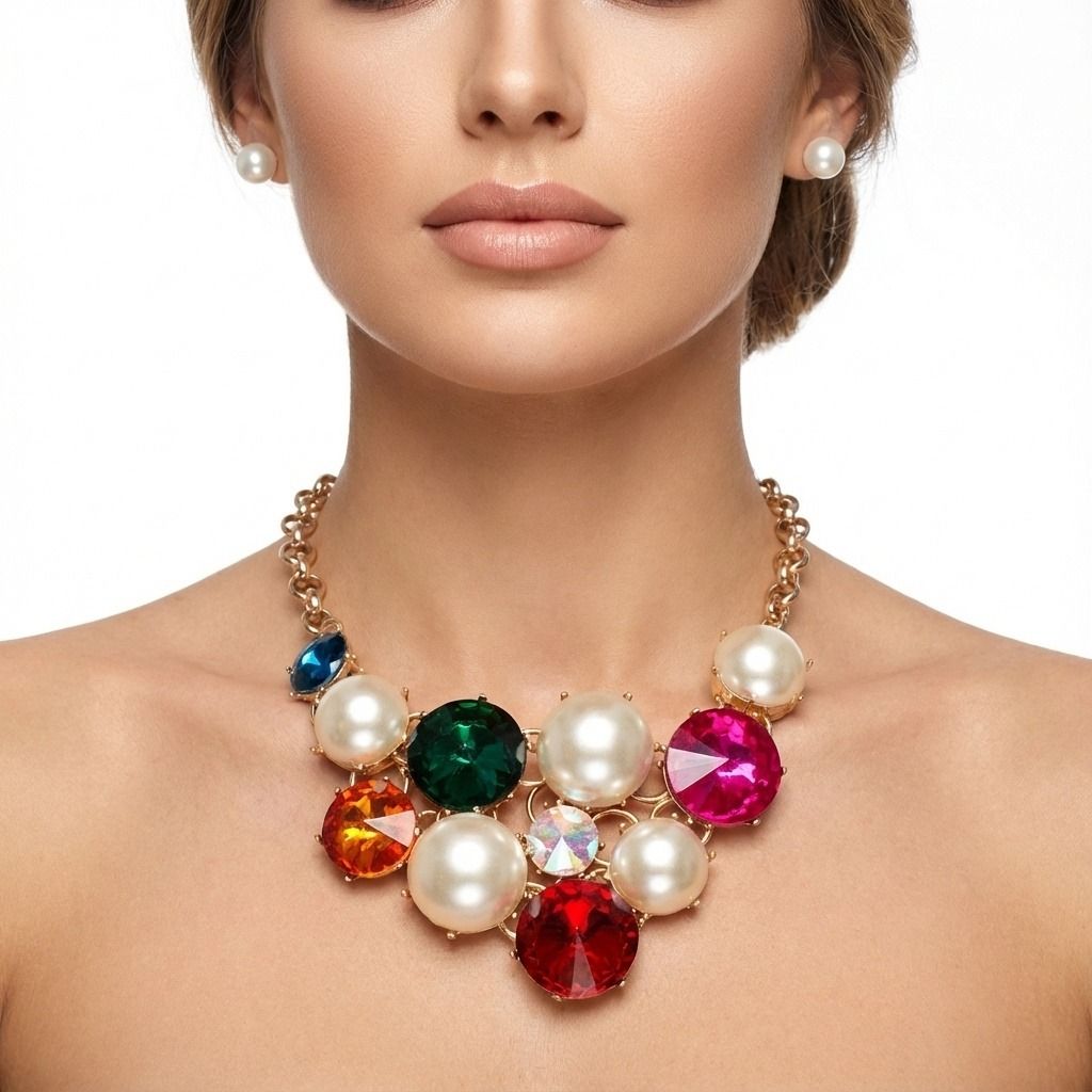 Statement Chunky Bib Necklace with Multi Crystal and Pearl Accents, Elegant Evening Jewelry