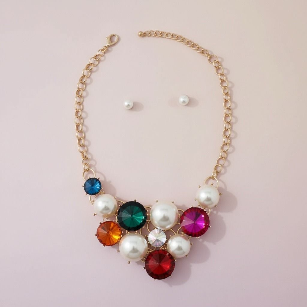Statement Chunky Bib Necklace with Multi Crystal and Pearl Accents, Elegant Evening Jewelry