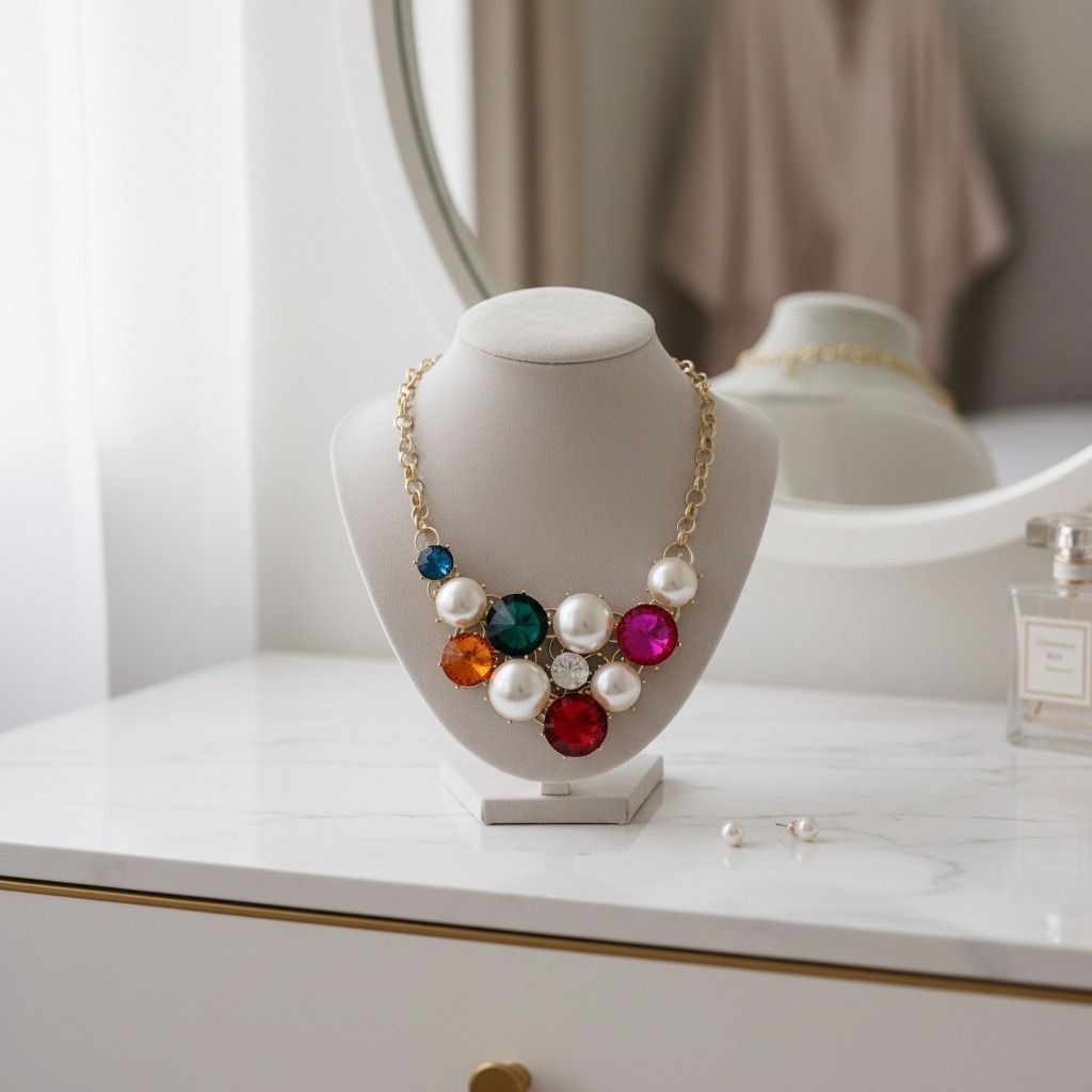 Statement Chunky Bib Necklace with Multi Crystal and Pearl Accents, Elegant Evening Jewelry