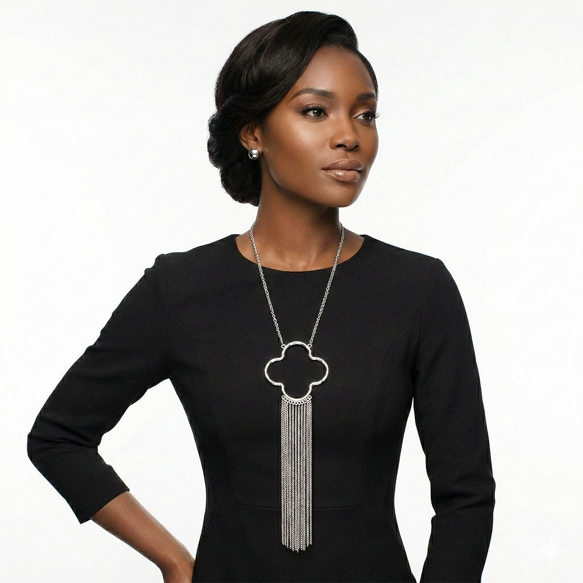 Silver Pendant Quatrefoil Fringe Statement Necklace Trending Chic Jewelry