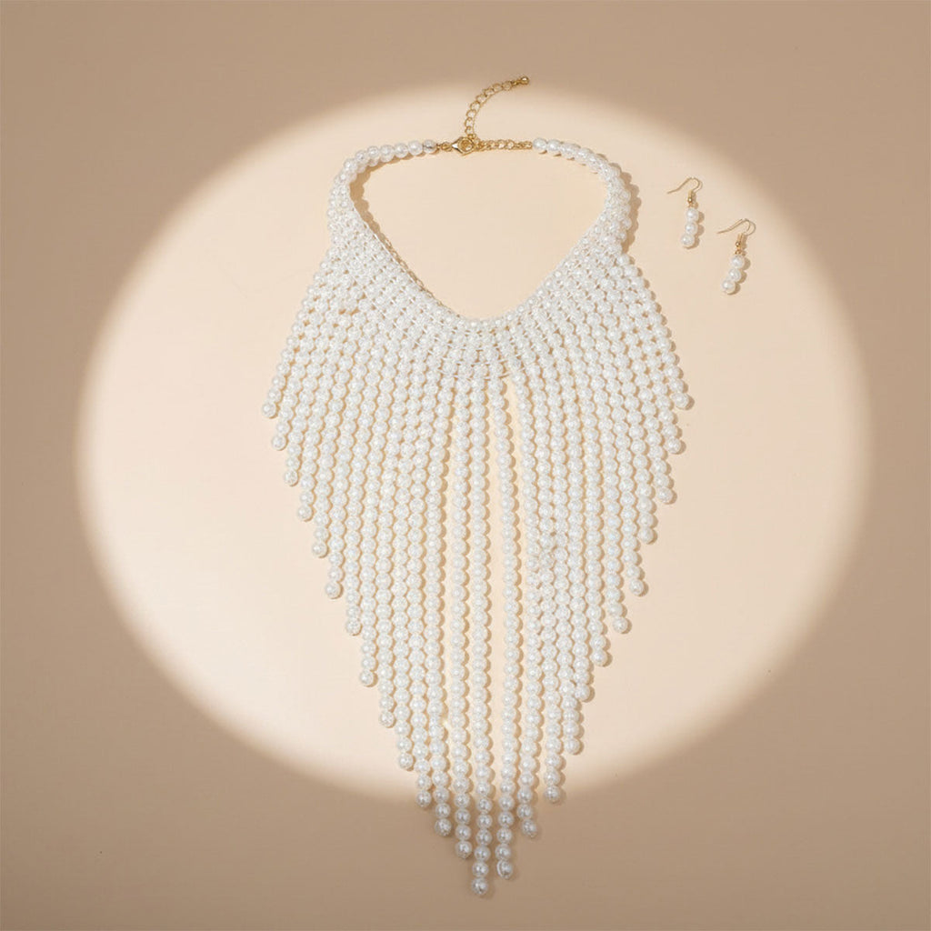 Statement Bib Choker Necklace with Cream Pearl Fringe, Trendy Elegant Jewelry
