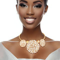 Statement Collar Necklace Gold Triple Rhinestone Dome Cluster Stylish Chic